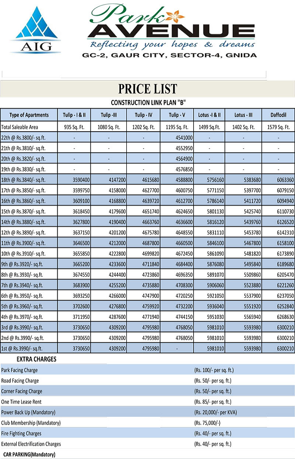aig park avenue price list , aig park avenue