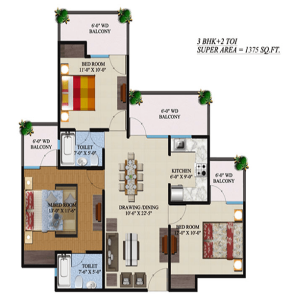 supertech-regina-tower-floor-plan-3bhk-2toilet-1375-sq-ft