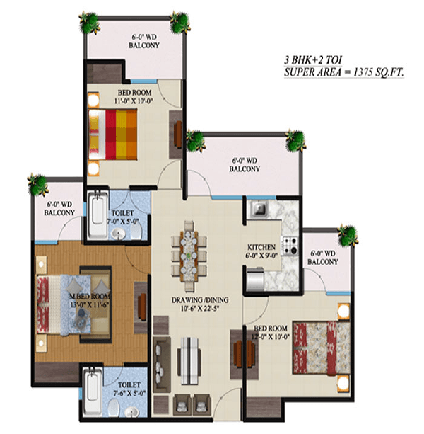 supertech-regina-tower-floor-plan-3bhk-2toilet-1375-sq-ft