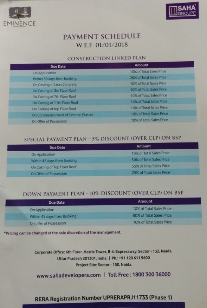 Saha Eminence payment plan